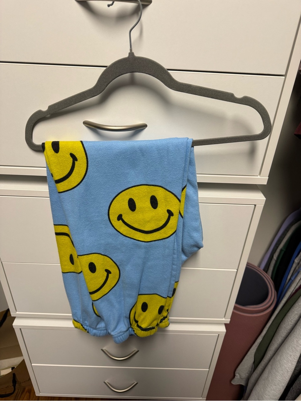 Aviator Nation Light Blue Fleece Pants with Yellow Smiley Print